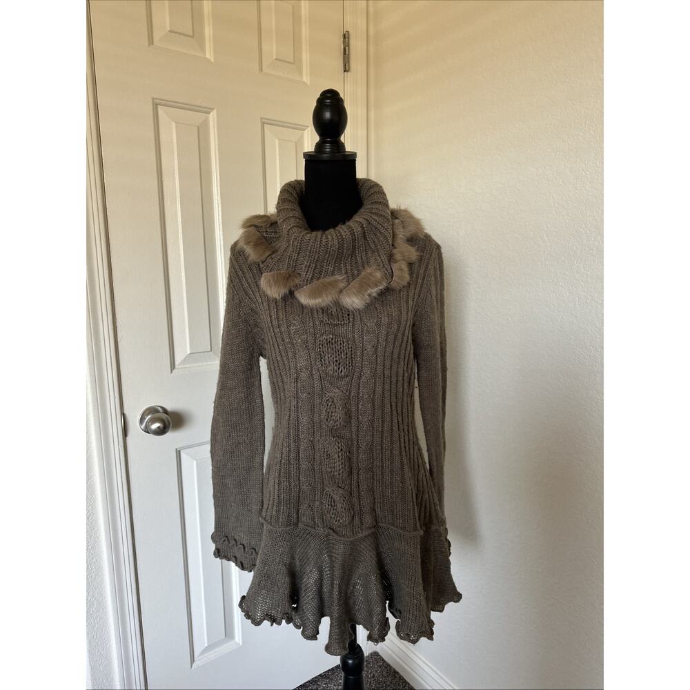 Sioni Studio Sweater Tunic Faux Fur Cowl Collar Ruffle Hem , Sleeves Taupe